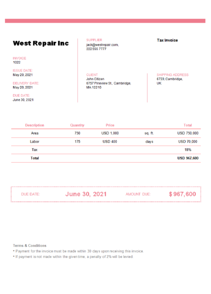 United Kingdom West Repair Inc invoice PSD template